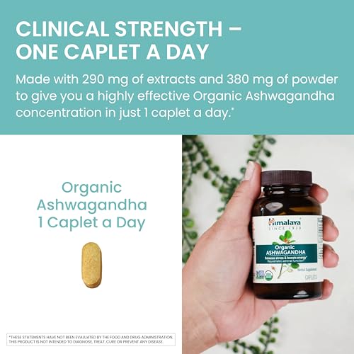 Himalaya Organic Ashwagandha  90 Day Supply  Herbal Supplement for Stress Relief  Energy  Occasional Sleeplessness  Excipient Free  Organic  Non GMO  Vegan  Gluten Free  670 mg  90 Caplets