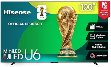 Hisense 100 Class U6 Series Mini LED 4K UHD Smart Fire TV  100U65QF  2025 Model    QLED  Native 144Hz  HDR10   Dolby Vision IQ  Dolby Atmos  Game Mode Pro  ALLM  Alexa Built in  Black