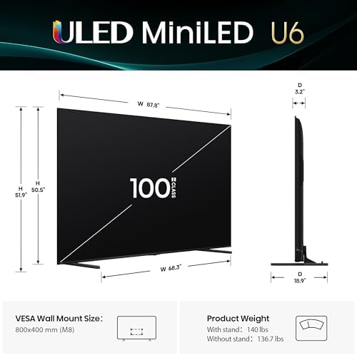 Hisense 100 Class U6 Series Mini LED 4K UHD Smart Fire TV  100U65QF  2025 Model    QLED  Native 144Hz  HDR10   Dolby Vision IQ  Dolby Atmos  Game Mode Pro  ALLM  Alexa Built in  Black