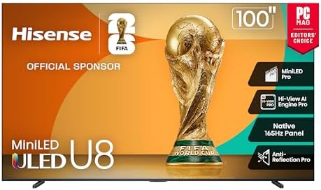 Hisense 100 Class U8 Mini LED ULED 4K UHD Google Smart TV  100U8QG  2025 Model    QLED  Native 165Hz  VRR 288  Up to 5000 Nits  HDR10   Dolby Vision IQ   Atmos  IMAX Enhanced  4 1 2 Ch Surround