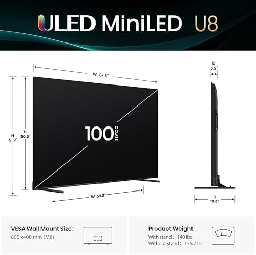 Hisense 100 Class U8 Mini LED ULED 4K UHD Google Smart TV  100U8QG  2025 Model    QLED  Native 165Hz  VRR 288  Up to 5000 Nits  HDR10   Dolby Vision IQ   Atmos  IMAX Enhanced  4 1 2 Ch Surround