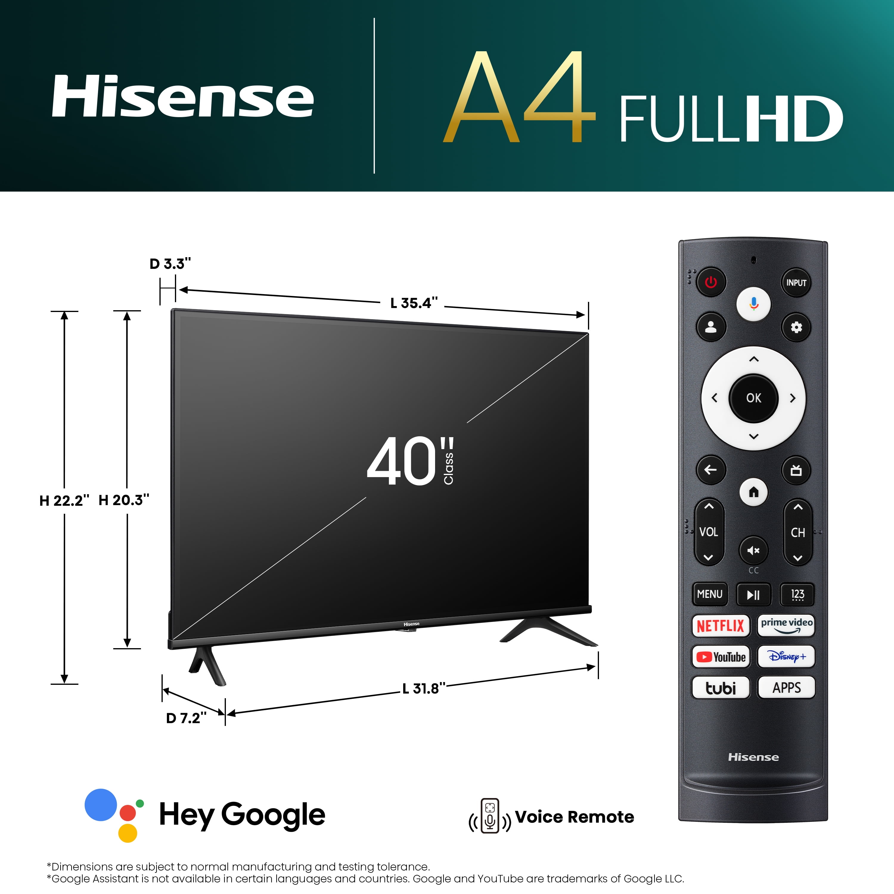 Hisense 40 Inch Class A4 Series FHD 1080p Google Smart TV  40A4K    DTS Virtual  X  Game & Sports Modes  Chromecast Built in  Alexa Compatibility