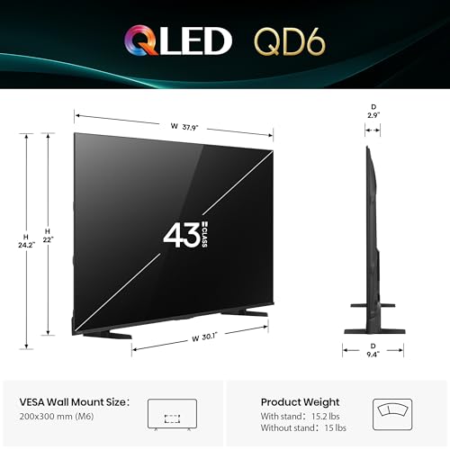 Hisense Serie QD6 de 43 pulgadas (43QD6QF, modelo 2025) QLED 4K UHD Smart Fire TV, control remoto por voz con Alexa, Dolby Vision, Dolby Atmos, Motion Rate 120, HDR 10+, modo de juego Plus, MEMC, VRR