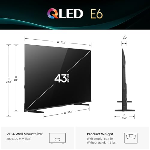 Hisense 43 E6 Cinema Series QLED 4K UHD Smart Fire TV  43E6QF  2025 Model    QLED  AI Light Sensor  Dolby Vision   Atmos  Voice Remote with Alexa  Motion Rate 120  HDR 10  Adaptive  Game Mode Plus