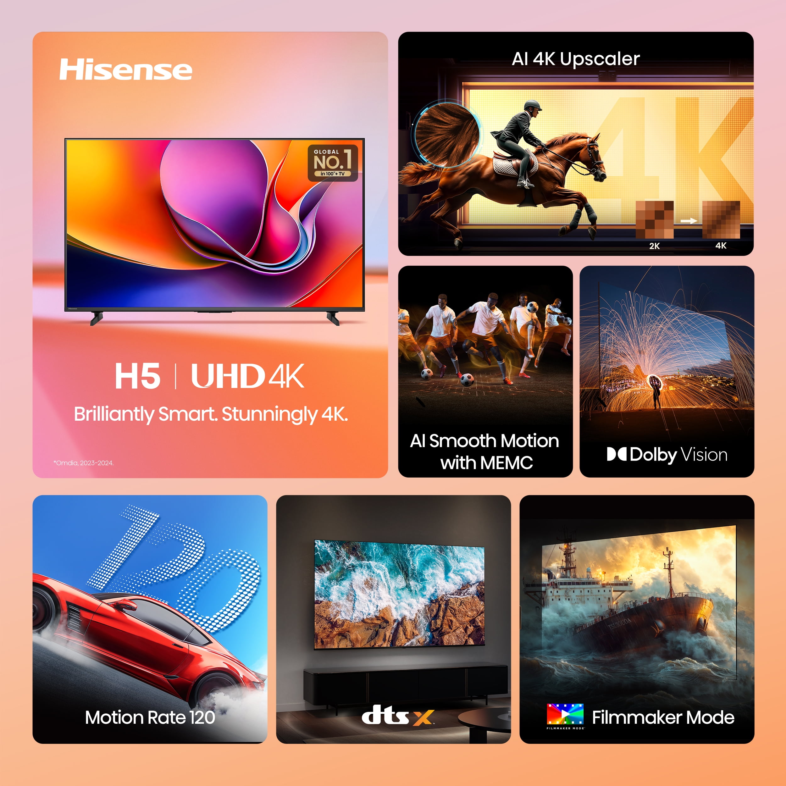 Hisense 50 Inch Class H5 Series 4K UHD HDR Google Smart TV  50H5BG  2025 Model    Dolby Vision Gaming  HDR 10  Motion Rate 120  AI Upscaler  DTS Virtual X  Game Mode Plus  Google Assistant Built In