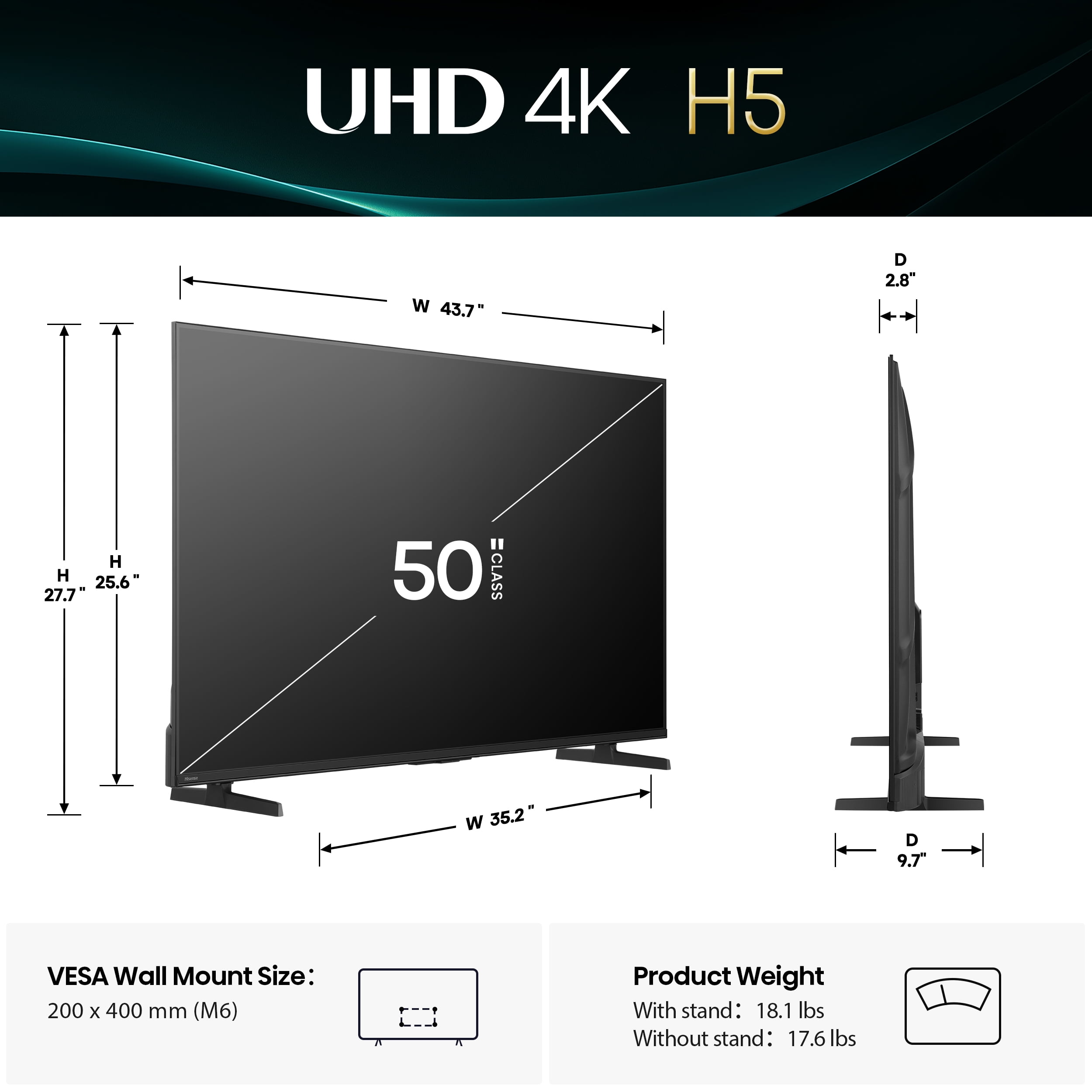 Hisense 50 Inch Class H5 Series 4K UHD Smart Google TV  50H5BG  2025 Model    Dolby Vision  HDR10  HLG  Game Mode Plus  VRR/ALLM  Motion Rate 120  AI 4K Upscaler  Google Assistant Built in