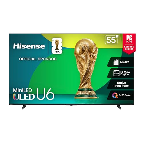 Hisense Serie U6 de 55 pulgadas con el mejor valor Mini-LED 4K UHD Smart HDR Gaming Fire TV (55U65QF, modelo 2025) - QLED, Native 144Hz, Motion Rate 480, Dolby Vision IQ, Dolby Atmos, Game Mode Pro