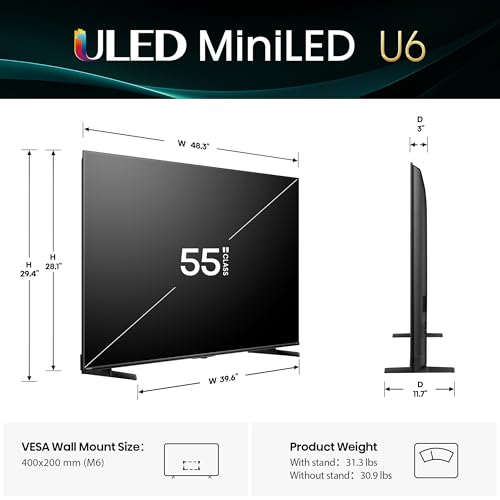 Hisense Serie U6 de 55 pulgadas con el mejor valor Mini-LED 4K UHD Smart HDR Gaming Fire TV (55U65QF, modelo 2025) - QLED, Native 144Hz, Motion Rate 480, Dolby Vision IQ, Dolby Atmos, Game Mode Pro