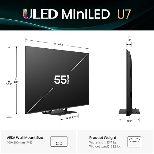 Hisense 55 Class U7 Mini LED ULED 4K UHD Google Smart TV  55U75QG  2025 Model    QLED  Native 165Hz  VRR 288  Up to 3000 Nits  HDR10   Dolby Vision IQ   Atmos  IMAX Enhanced  2 1 2 Ch Surround
