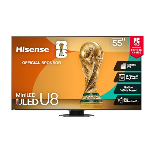 Hisense|Smart TV Class U8 Series Mini-LED Pro ULED 4K UHD|Google TV|de 55"|55U8QG|2025|QLED|Native 165Hz|Modo de juego Ultra VRR 288|Dolby Vision IQ Atmos|Atenuación local de matriz completa|4.1.2 Ch
