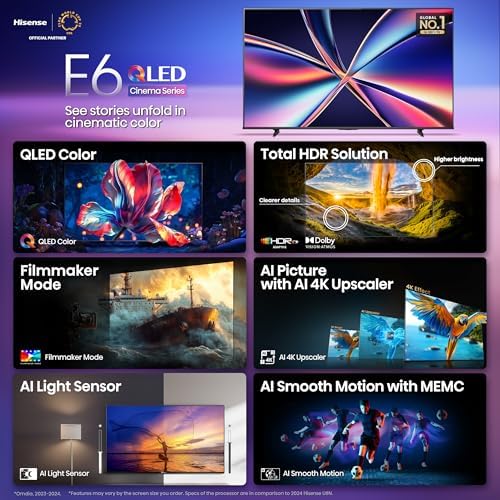 Hisense 55 E6 Cinema Series QLED 4K UHD Smart Fire TV  55E6QF  2025 Model    QLED  AI Light Sensor  Dolby Vision   Atmos  Voice Remote with Alexa  Motion Rate 120  HDR 10  Adaptive  Game Mode Plus