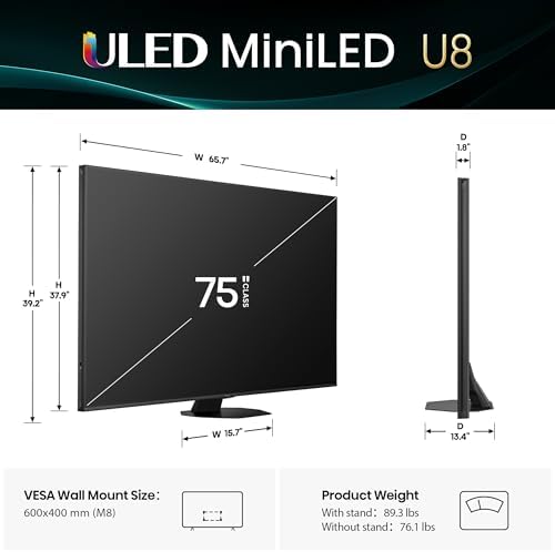 Hisense 65 Class U8 Mini LED ULED 4K UHD Google Smart TV  65U8QG  2025 Model    QLED  Native 165Hz  VRR 288  Up to LD5600  5000 Nits  HDR10   Dolby Vision IQ   Atmos  IMAX Enhanced  4 1 2 Ch Audio