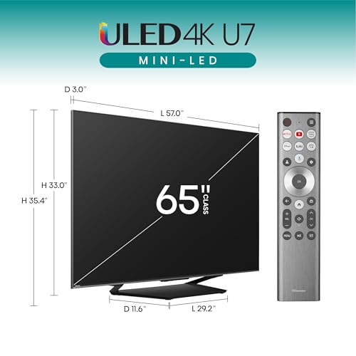 Hisense Smart TV de 65 pulgadas Class U7 Series Mini-LED ULED 4K UHD Google (65U7N) - QLED, Dolby Vision IQ, Dolby Atmos, atenuación local de matriz completa, modo de juego Pro de 144 Hz, VRR