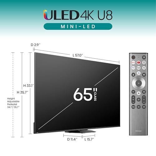 Hisense|Smart TV Class Serie U8 Mini-LED ULED 4K UHD, Google, de 65" (65U8N, 2024), QLED, Dolby Vision IQ, Dolby Atmos, Full Array Local Dimming Pro, modo de juego Pro de 144 Hz, compatible con Alexa