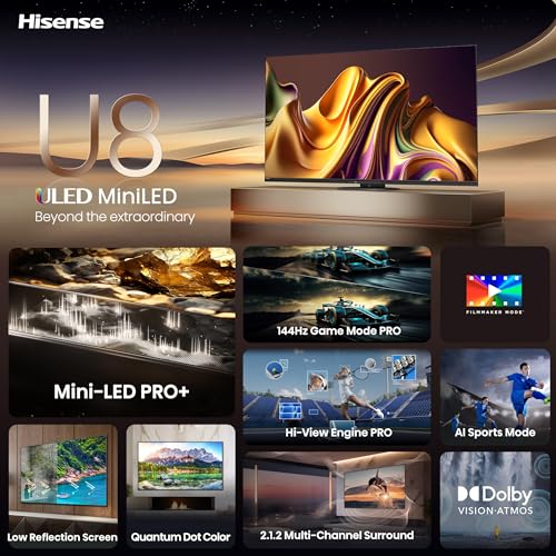 Hisense|Smart TV Class Serie U8 Mini-LED ULED 4K UHD, Google, de 65" (65U8N, 2024), QLED, Dolby Vision IQ, Dolby Atmos, Full Array Local Dimming Pro, modo de juego Pro de 144 Hz, compatible con Alexa