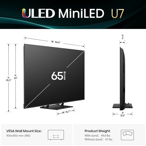 Hisense 65 U7 Mini LED ULED 4K UHD Best Premium Gaming Google Smart TV  65U75QG  2025 Model    QLED  Native 165Hz  VRR 288  Up to 3000 Nits  HDR10   Dolby Vision IQ   Atmos  IMAX Enhanced  2 1 2 Ch