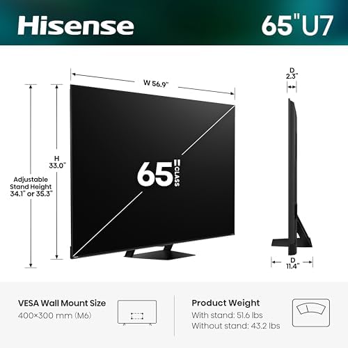 Hisense 65 U7 Mini LED ULED 4K UHD Best Premium Gaming Smart Google TV  65U7SG  2026 NEW    Hi QLED  Native 165Hz  VRR 330  HDR10   Dolby Vision IQ   Atmos  IMAX Enhanced  Anti Reflection  2 1 2 Ch