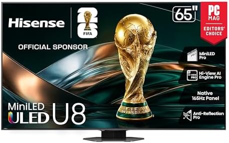 Hisense 65 U8 Series ULED Mini LED 4K UHD Smart Google TV  65U8QG    QLED  Native 165Hz  VRR 288  Up to LD5600  5000 Nits  HDR10   Dolby Vision IQ   Atmos  IMAX Enhanced  4 1 2 Ch Audio