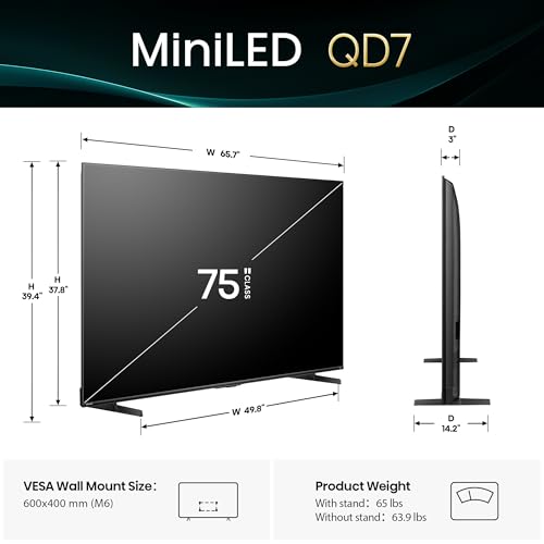 Hisense 75 Class QD7 Series Mini LED 4K UHD Smart Fire TV  75QD7QF  2025 Model    QLED  Native 144hz  HDR10   Dolby Vision  Dolby Atmos  Game Mode Pro  ALLM  Alexa Built in with Voice Remote  Black