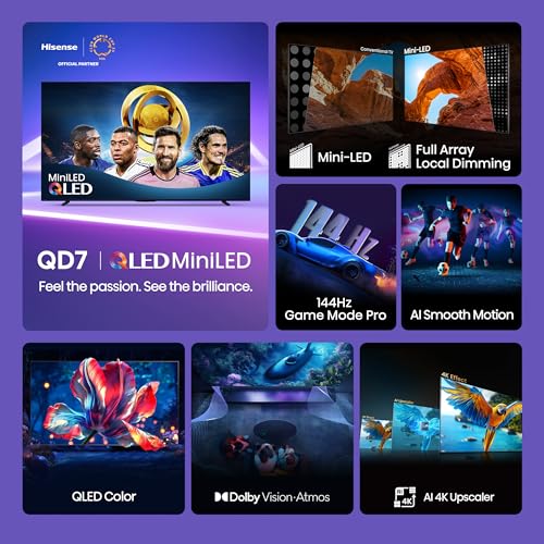Hisense 75 Class QD7 Series Mini LED 4K UHD Smart Fire TV 75QD7QF 2025 Model QLED Native 144hz HDR10 Dolby Vision Dolby Atmos Game Mode Pro ALLM Alexa Built in with Voice Remote Black