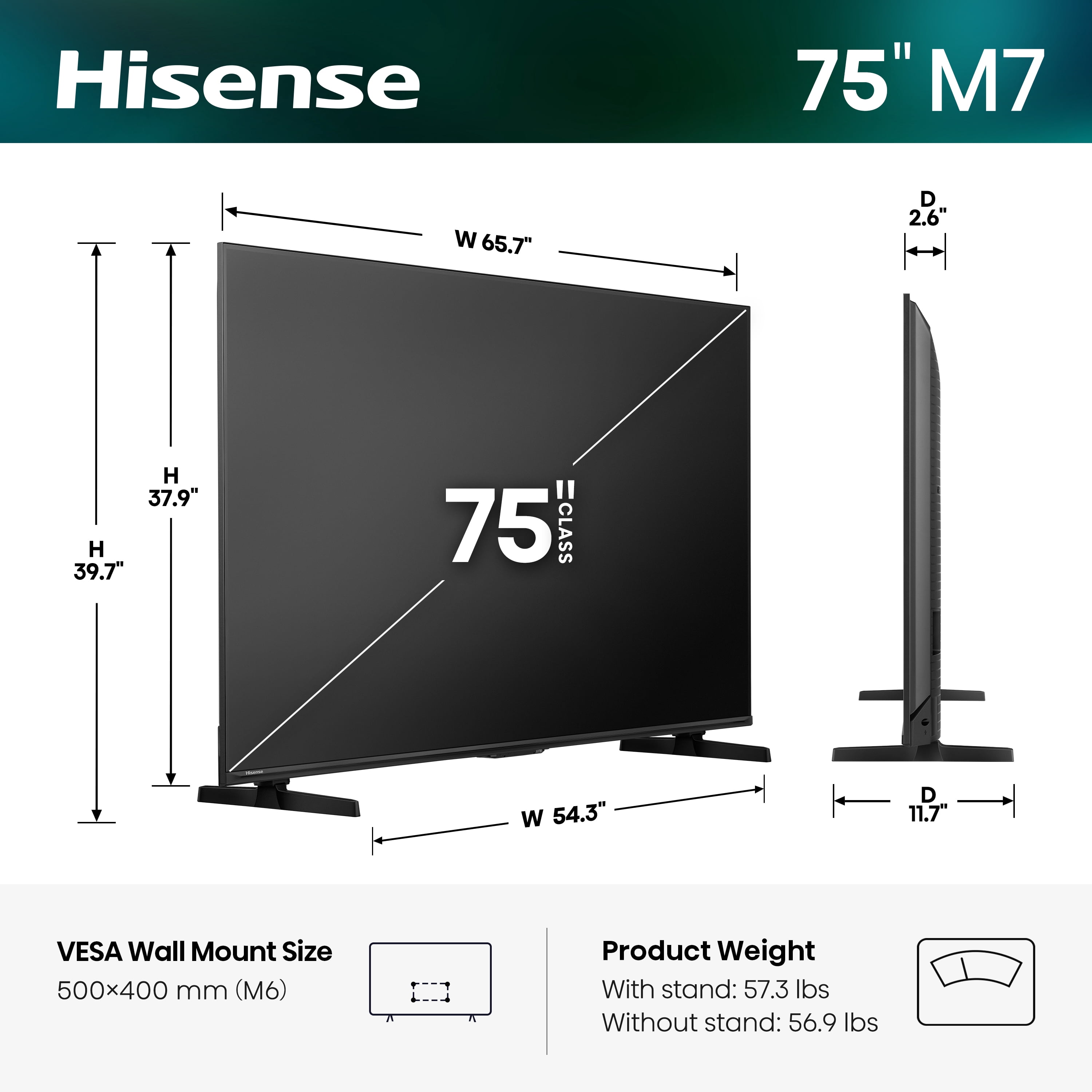 Hisense 75" M7 Series Mini LED QLED 4K UHD Google Smart TV  75M7SG  2026 Model    Mini LED  Hi   QLED  Dolby Vision  HDR10   Built in Subwoofer  Game Mode Pro  AI Smooth Motion  Google Assistant