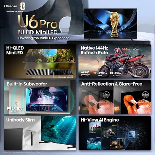 Hisense 75 U6 Pro Series Mini LED 4K UHD HDR Gaming AI Smart Fire TV  75U6SF Pro  2026 New    Hi QLED  Native 144Hz  Motion Rate 480  Dolby Vision IQ   Atmos  HDR10   Glare Free  Alexa 