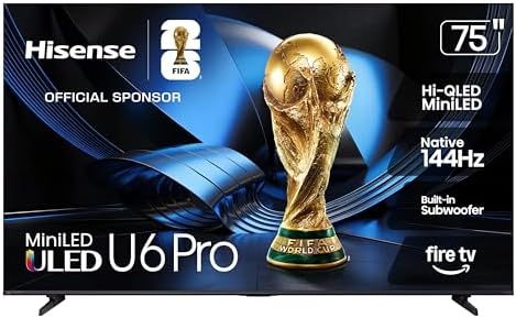 Hisense 75 U6 Pro Series Mini LED 4K UHD HDR Gaming AI Smart Fire TV  75U6SF Pro  2026 New    Hi QLED  Native 144Hz  Motion Rate 480  Dolby Vision IQ   Atmos  HDR10   Glare Free  Alexa 