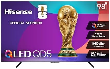 Hisense 98 Class QD5 Series  98QD5QG  2025 Model  Best Value Hi QLED 4K UHD Smart Google TV  Native144Hz  Motion Rate 480  Dolby Vision Atmos  HDR 10   AMD FreeSync Premium  MEMC  VRR  ALLM
