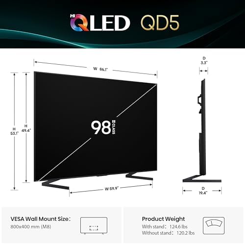 Hisense 98 Class QD5 Series  98QD5QG  2025 Model  Best Value Hi QLED 4K UHD Smart Google TV  Native144Hz  Motion Rate 480  Dolby Vision Atmos  HDR 10   AMD FreeSync Premium  MEMC  VRR  ALLM