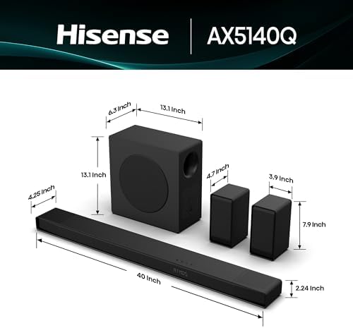 Hisense AX5140Q 5 1 4ch Home Theater Soundbar with Wireless Subwoofer and Rear Surround Speakers Up Firing Speakers Dolby Atmos DTS X Bluetooth 5 3 HDMI eARC App Control & Remote Control 7 EQ Modes