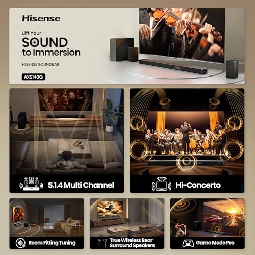 Hisense AX5140Q 5 1 4ch Home Theater Soundbar with Wireless Subwoofer and Rear Surround Speakers Up Firing Speakers Dolby Atmos DTS X Bluetooth 5 3 HDMI eARC App Control & Remote Control 7 EQ Modes