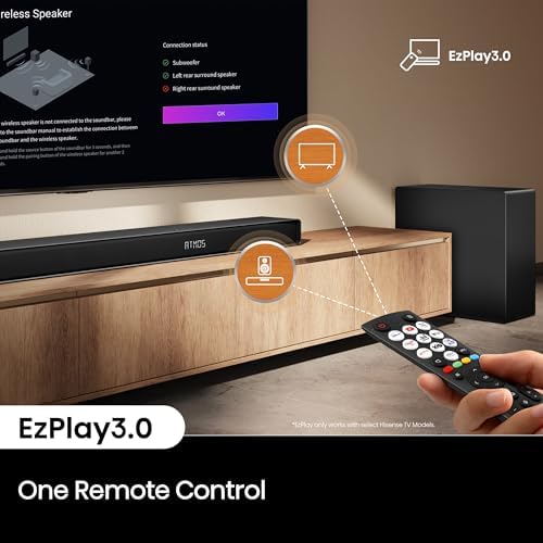 Hisense AX5140Q 5 1 4ch Home Theater Soundbar with Wireless Subwoofer and Rear Surround Speakers Up Firing Speakers Dolby Atmos DTS X Bluetooth 5 3 HDMI eARC App Control & Remote Control 7 EQ Modes