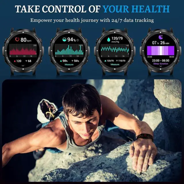 Hitoor Smart Watch for Men  Bluetooth Call  Military Smartwatch Waterproof Fitness Sleep Tracker Watch with/Heart Rate/Blood Pressure Monitor/110 Sports Modes  Smart Watch for IOS Android Phones