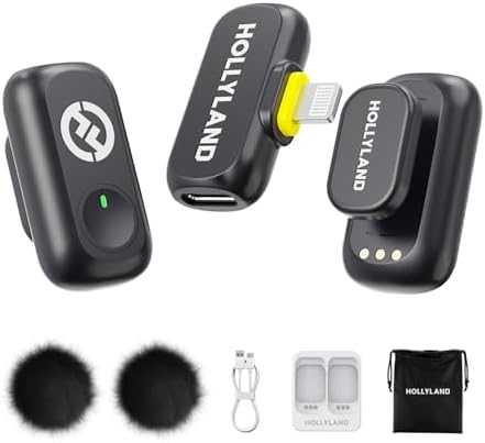 Hollyland Lark A1 Wireless Mini Microphone for iPhone 14/13/12  2TX   Lightning RX  48kHz/24 bit  3 Level Intelligent Noise Cancel  Magnetic Microphone for YouTube  Podcast  Vlogging  Black 