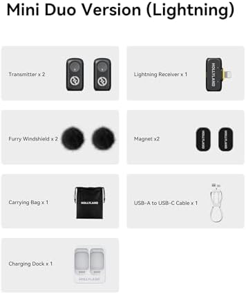 Hollyland Lark A1 Wireless Mini Microphone for iPhone 14/13/12  2TX   Lightning RX  48kHz/24 bit  3 Level Intelligent Noise Cancel  Magnetic Microphone for YouTube  Podcast  Vlogging  Black 