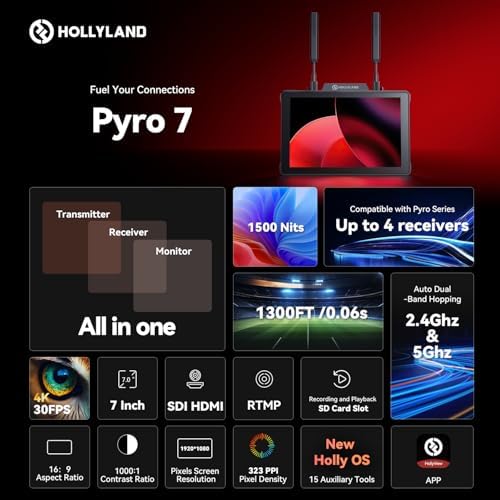 Hollyland Pyro 7 Wireless Video Transmitter & Receiver & 7 inch Camera Field Monitor HDMI & SDI 1300ft Range  60ms Latency Auto Dual Band Hopping with Waveform  LUTs  Recording  Vector Scope Solo kit