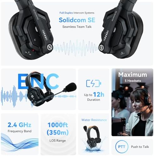 Hollyland Solidcom SE Full Duplex 4 Users ENC Noise Cancellation Wireless Intercom Headset System 1100ft Team Communication with PTT Mute Single Ear Headset for TV Film Production  2 4GHz Version