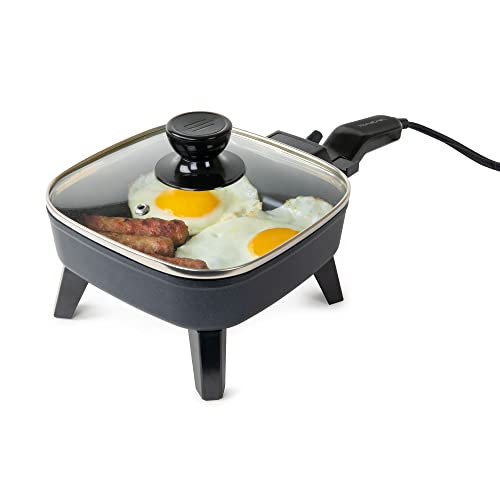 HomeCraft Sartén eléctrica antiadherente de 7 pulgadas, control de temperatura ajustable, mango frío al tacto con tapa de vidrio templado, perfecto para dietas saludables Keto y bajas en