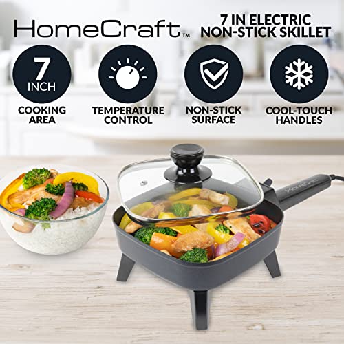 HomeCraft Sartén eléctrica antiadherente de 7 pulgadas, control de temperatura ajustable, mango frío al tacto con tapa de vidrio templado, perfecto para dietas saludables Keto y bajas en