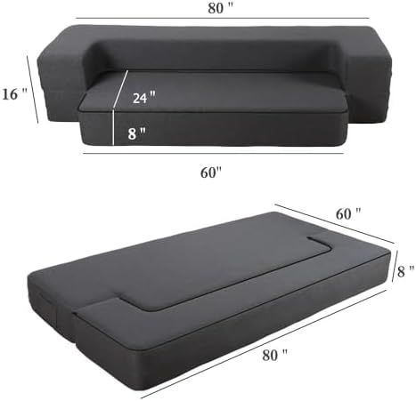 HonTop 8 Inch Folding Sofa Bed Couch Queen Memory Foam Convertible Futon Sleeper Chair Foam Bed for Bedroom Living Room Guest  Dark Grey