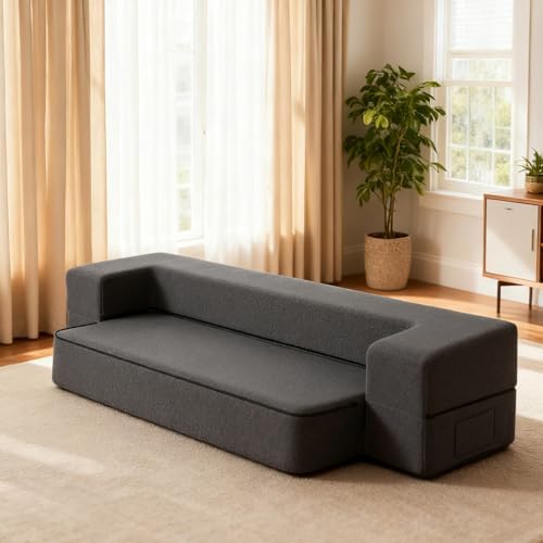 HonTop 8 Inch Folding Sofa Bed Couch Queen Memory Foam Convertible Futon Sleeper Chair Foam Bed for Bedroom Living Room Guest  Dark Grey