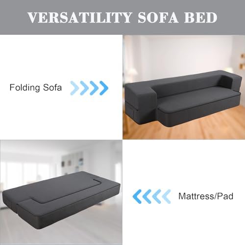 HonTop 8 Inch Folding Sofa Bed Couch Queen Memory Foam Convertible Futon Sleeper Chair Foam Bed for Bedroom Living Room Guest  Dark Grey