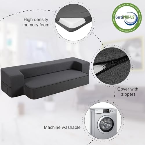 HonTop 8 Inch Folding Sofa Bed Couch Queen Memory Foam Convertible Futon Sleeper Chair Foam Bed for Bedroom Living Room Guest  Dark Grey