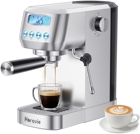 Horavie Espresso Machine 20 Bar  Compact Espresso Maker with Milk Frother  Stainless Steel Cappuccino & Latte Machine with LCD Screen  Adjustable Temperature  44oz Water Tank for Home  Office