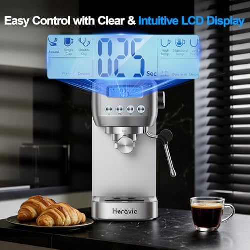 Horavie Espresso Machine 20 Bar  Compact Espresso Maker with Milk Frother  Stainless Steel Cappuccino & Latte Machine with LCD Screen  Adjustable Temperature  44oz Water Tank for Home  Office
