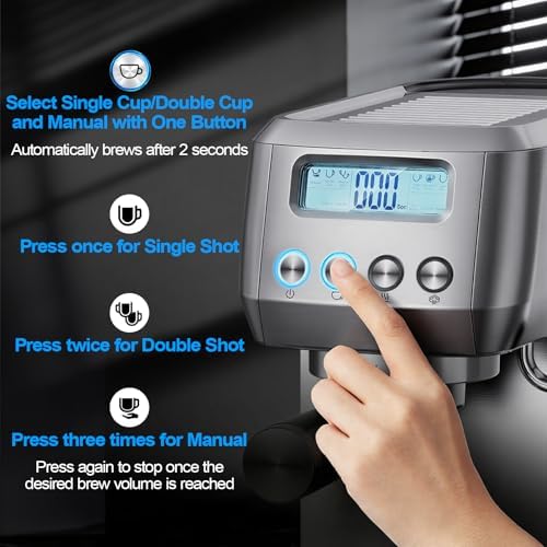 Horavie Espresso Machine 20 Bar  Compact Espresso Maker with Milk Frother  Stainless Steel Cappuccino & Latte Machine with LCD Screen  Adjustable Temperature  44oz Water Tank for Home  Office