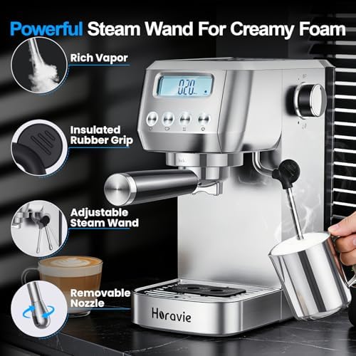 Horavie Espresso Machine 20 Bar  Compact Espresso Maker with Milk Frother  Stainless Steel Cappuccino & Latte Machine with LCD Screen  Adjustable Temperature  44oz Water Tank for Home  Office
