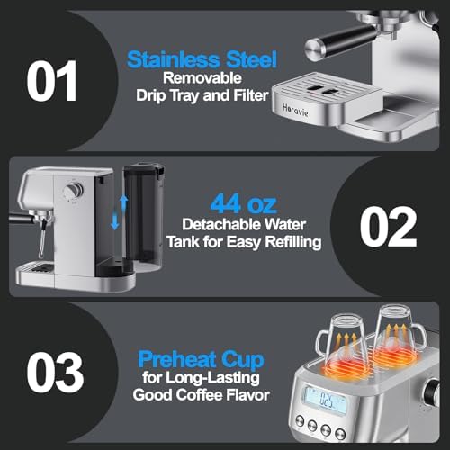 Horavie Espresso Machine 20 Bar  Compact Espresso Maker with Milk Frother  Stainless Steel Cappuccino & Latte Machine with LCD Screen  Adjustable Temperature  44oz Water Tank for Home  Office