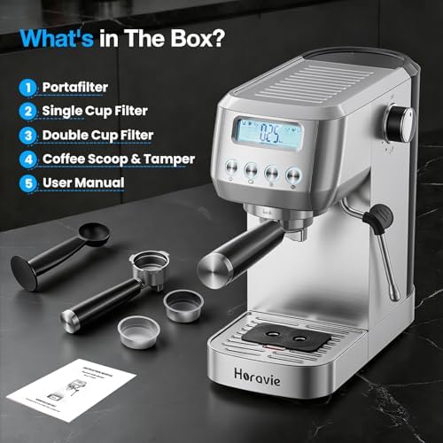 Horavie Espresso Machine 20 Bar  Compact Espresso Maker with Milk Frother  Stainless Steel Cappuccino & Latte Machine with LCD Screen  Adjustable Temperature  44oz Water Tank for Home  Office