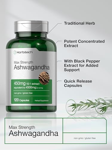 Horb ach Ashwagandha Supplement   Max Strength   120 Capsules   Non GMO  Gluten Free